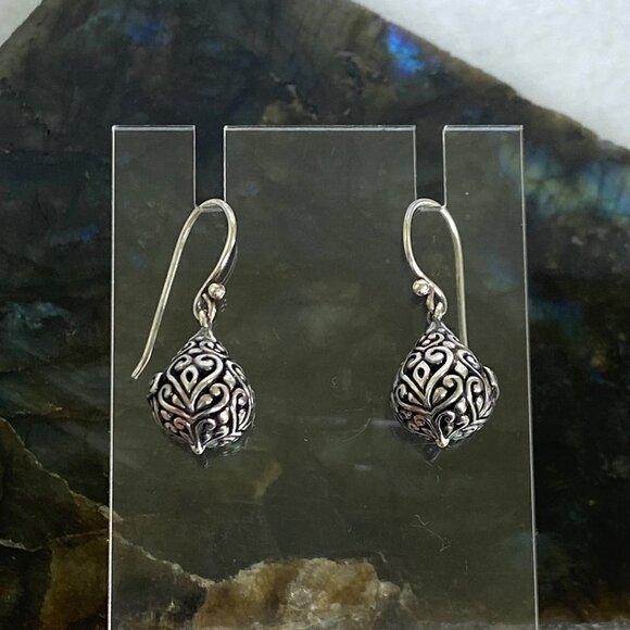 Sterling Silver ATI 925 Bali Style Scrollwork Hollow Teardrop Dangle Earrings - Picture 16 of 16